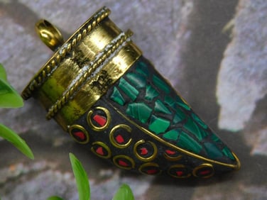 Brass Pendant with Mosaic Malachite and Red Coral Accents