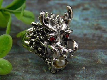 Silver Dragon Head Ring with Red Eyes, Size 11