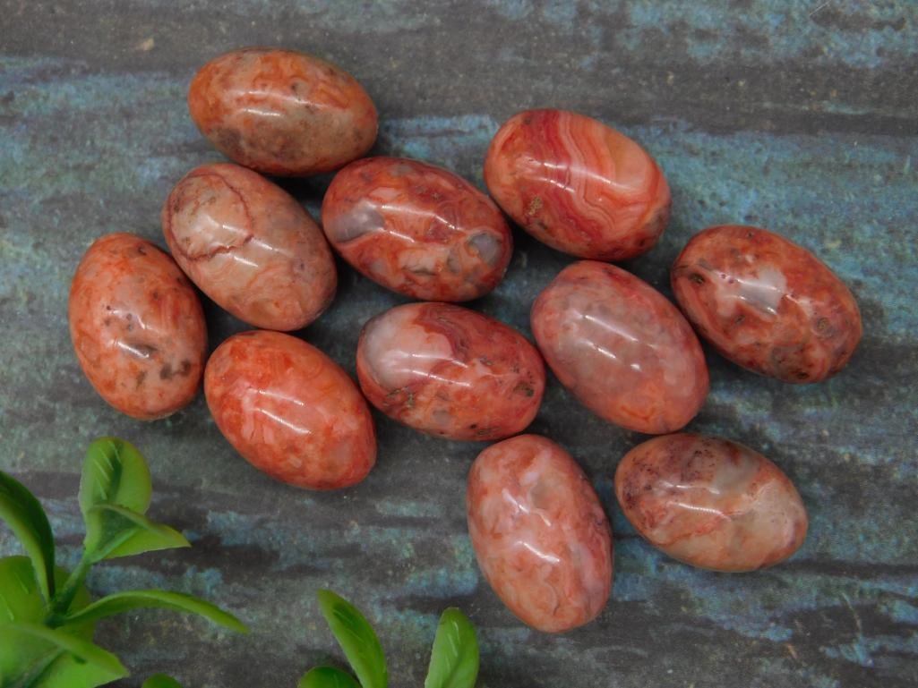 Set of 10 Polished Red Gemstone Ovals: Set of 10 polished red-colored, oval-shaped gemstones, collectively weighing 50 grams. Each stone showcases unique patterns and smooth surfaces. Ideal for collectors or crafting projects. As shown wit