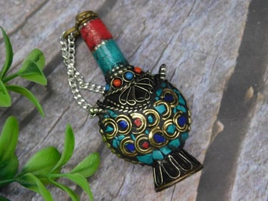 Metallic Ornamental Vessel With Colorful Accents