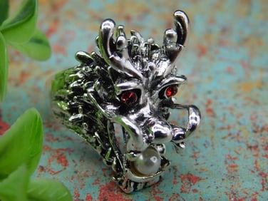Silver-Tone Dragon Ring With Red Accents, Size 7.5