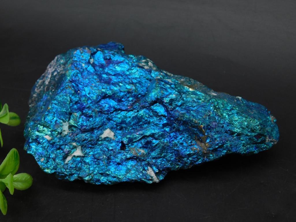 Large Iridescent Chalcopyrite Mineral Specimen: Stunning metallic blue and green iridescent chalcopyrite mineral rock specimen. Weighs approximately 450 grams as shown. Dimensions indicated for reference using a ruler in the photo. Ideal for collec