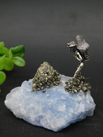 Mineral Display with Blue Quartz, Pyrite, and Metal Sculpture