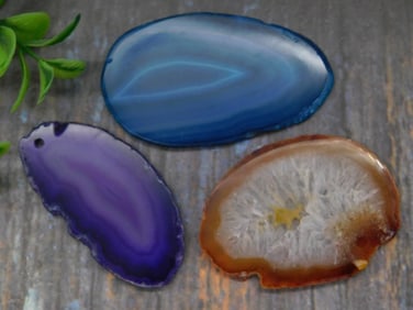Set of Three Polished Agate Slices in Varied Colors