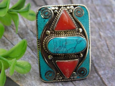 Rectangular Turquoise and Coral Adjustable Ring