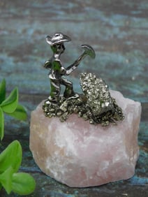 Metal Miner Figurine on Quartz-Like Rock Base