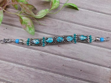 Turquoise and Metal Bracelet with Decorative Details