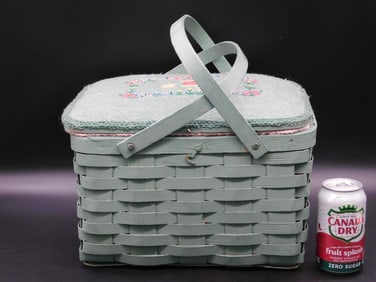 Green Woven Sewing Basket With Contents