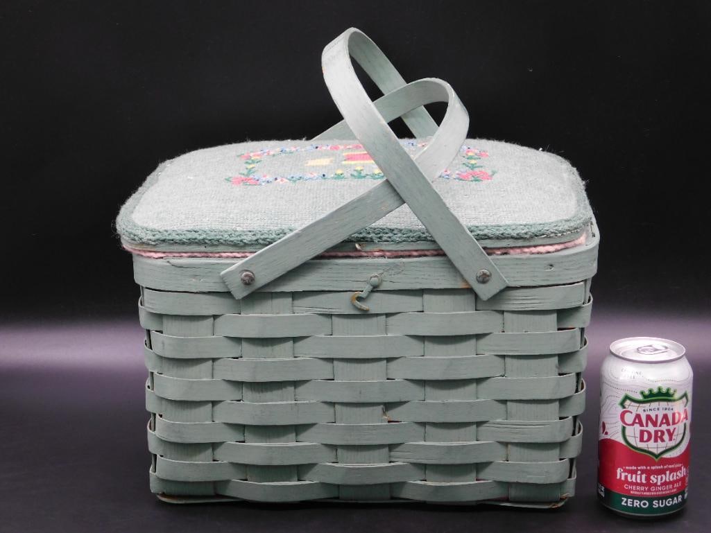 Green Woven Sewing Basket With Contents