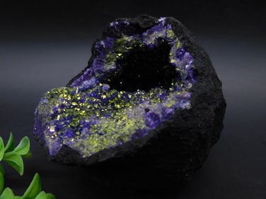 Purple and Yellow Mineral Geode with Black Exterior
