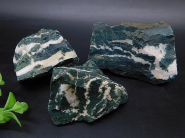 Three Green-and-White Rough Stone Specimens