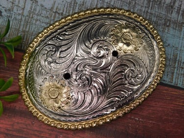 Ornate Oval Belt Buckle Made in USA with Floral Details