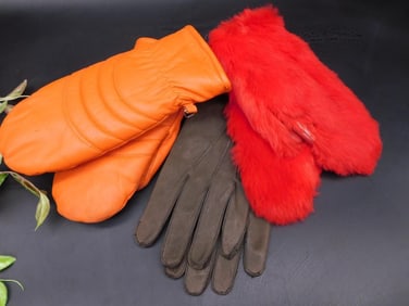Lot of Three Pairs of Gloves in Red, Orange, and Brown