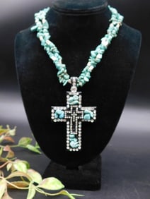 Turquoise and Rhinestone Cross Necklace