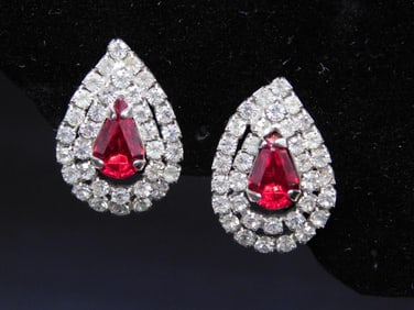 Teardrop-Style Clip-On Earrings with Red Stones