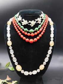 Multi-Strand Beaded Necklace and Floral Jewelry Set