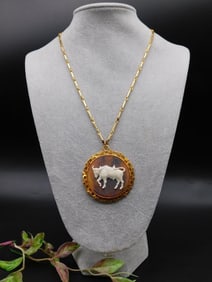 Gold Tone Taurus Cameo Pendant Necklace