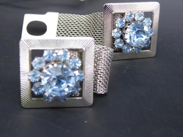 Silver Mesh Cufflinks with Blue Rhinestone Accents