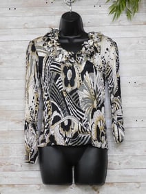 CITY GIRL NANCY BOLEN BLACK AND TAN FLORAL BLOUSE WITH FRINGE VINTAGE CLOTHING