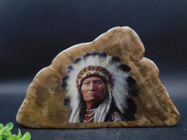 PETRIFIED WOOD WITH CHIEF PAINTING ROCK STONE LAPIDARY SPECIMEN
