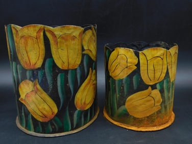 VINTAGE METAL FLOWER PAINTED VASES