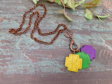 Copper Chain Necklace with Yellow, Green, and Purple Charms