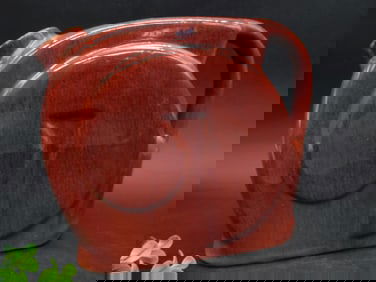 Red Glazed Ceramic Teapot with Geometric Design