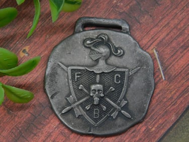 Metal Medallion with Knight Crest and Skull Motif WATCH FOB VINTAGE ANTIQUE