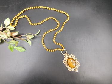 Gold Bead Necklace With Tiger Eye Pendant