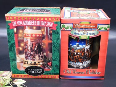 1994 and 2003 Budweiser Holiday Stein Collectibles in Original Boxes