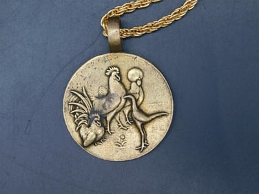 Gold-Tone Pendant Necklace with Engraved Rooster Motif