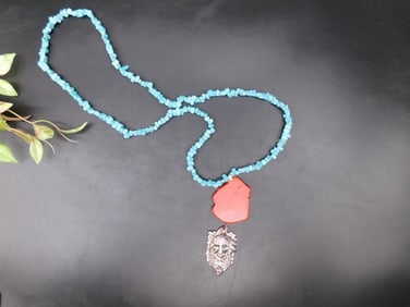 Turquoise Bead Necklace With Pendant and Red Accent