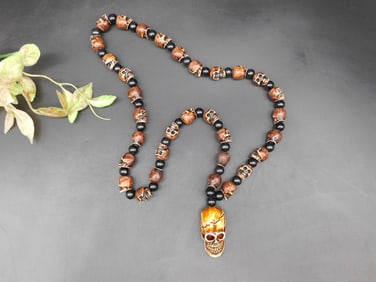 Hand-Carved Skull Pendant Necklace With Beaded Chain