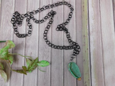 Black Chain Necklace With Green Stone Pendant