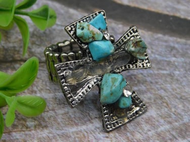 Adjustable Silver-Tone Cross Ring With Turquoise Stones