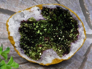 Geode with Green Crystalline Interior and Natural Yellow Outer Layer