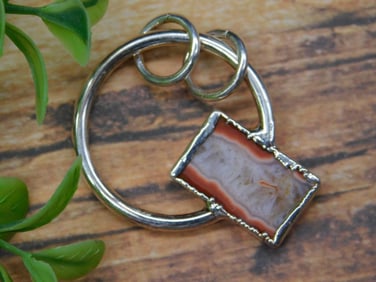 Silver Tone Key Ring with Rectangular Stone Inlay