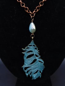 Gold-Tone Chain Necklace With Blue Feather Pendant