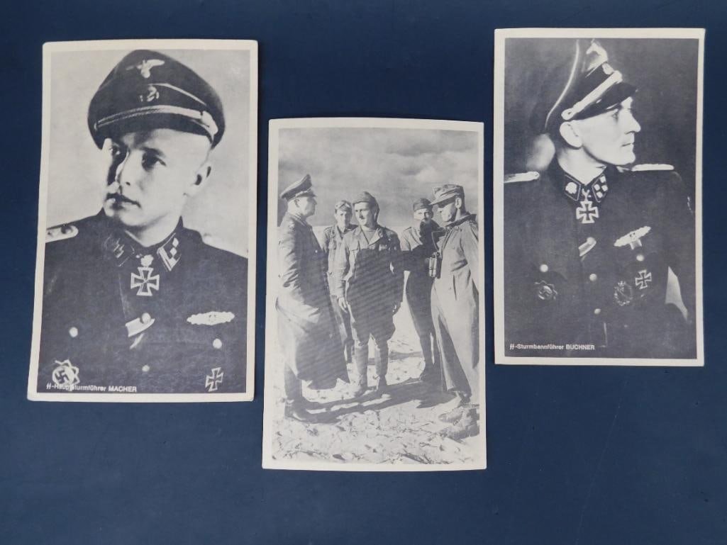 Set of Three German WWII Military Postcards: Set of three German WWII-era photographic postcards featuring military personnel. Each postcard appears to be printed on standard cardstock and includes a pre-printed address section on the reverse. C