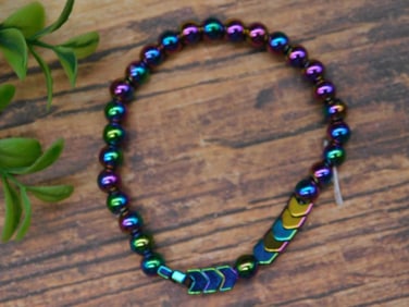 Rainbow Hematite Bead Bracelet With Chevron Accents