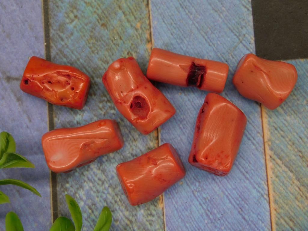 Lot of Red Coral Beads For Jewelry Making: Set of red coral beads with a natural appearance, showing varying shapes and sizes. Includes 7 pieces with textured surfaces and natural inclusions. Quarter shown for scale and size reference. Ideal f