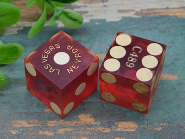 Pair of Las Vegas Casino Dice in Red with Inscriptions