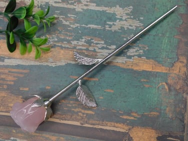 Carved Rose Quartz Flower on Metal Stem