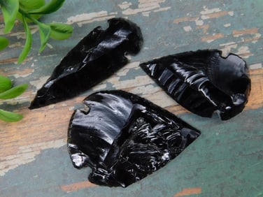 Set of Three Black Obsidian Arrowheads
