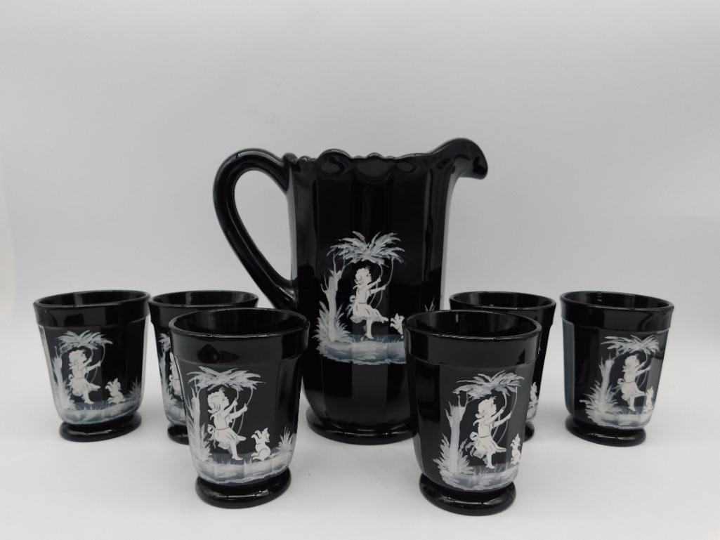 MARY GREGORY BLACK PITCHER AND CUPS VINTAGE ANTIQUE: MARY GREGORY BLACK PITCHER AND CUPS VINTAGE ANTIQUE