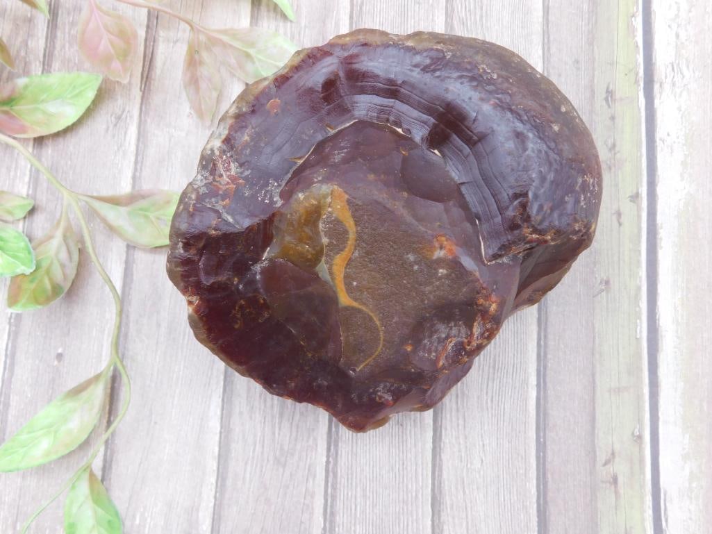 Raw Brazilian Agate Rock Stone Lapidary Specimen With Natural Detailing: A unique piece of raw Brazilian Agate stone featuring natural surface patterns. Measurement displays approximate dimensions in inches. Ideal for collectors. Includes the provided auction tag for authe