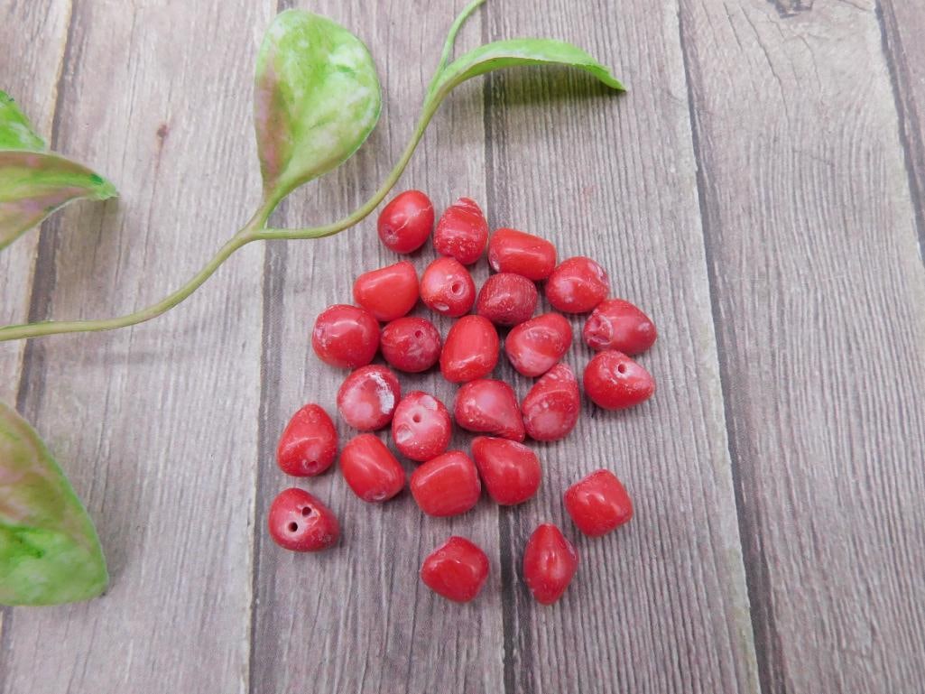 Small Red Beads With Pre-drilled Holes: Lot of small red beads, each featuring pre-drilled holes for stringing or crafting purposes. Appears to include approximately 30 beads. Ruler shown for size reference. Ideal for jewelry-making or deco