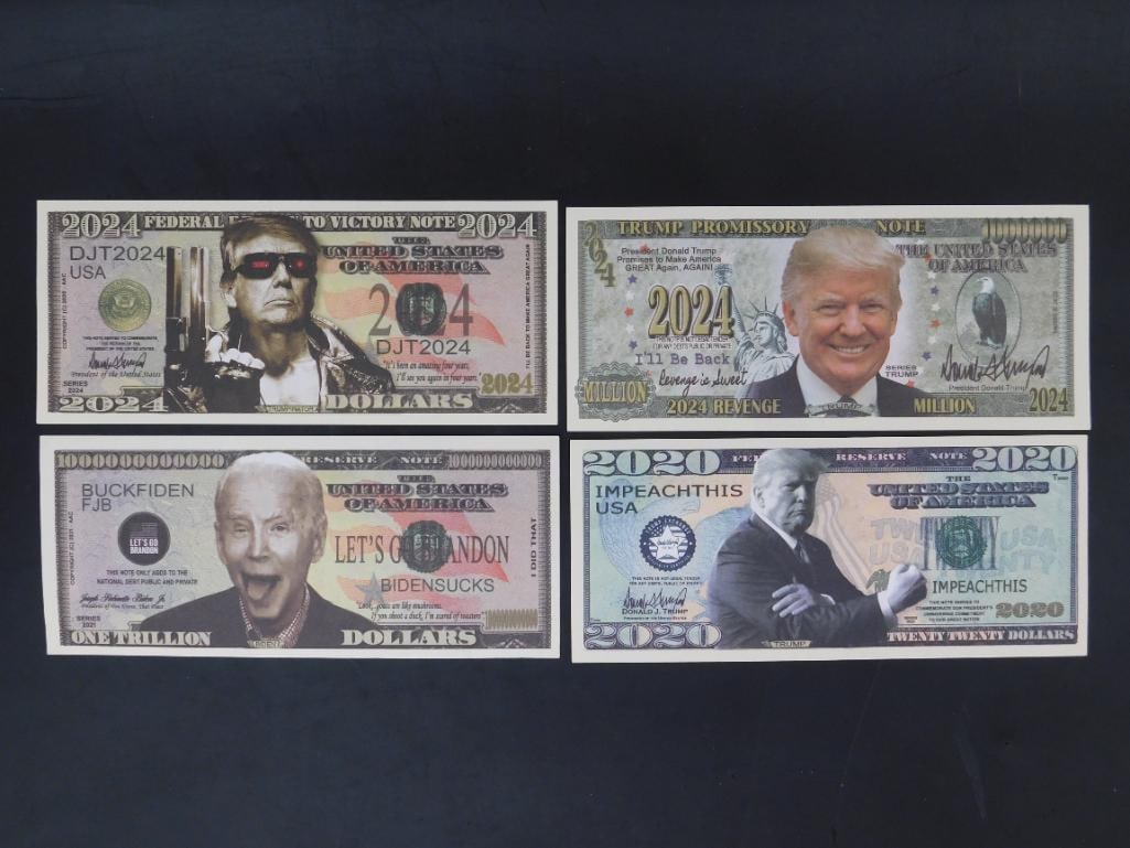 Lot of Four Novelty Political Banknotes: Set of four novelty political-themed banknotes featuring various political figures and designs. These notes are not legal tender and appear to be collectible items with unique humorous commentary. Rev