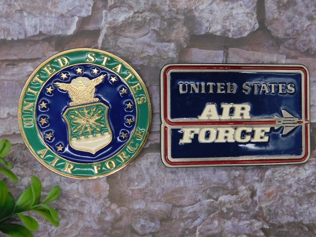 United States Air Force Belt Buckle Set: Set includes two belt buckles featuring United States Air Force emblems. One is circular with an eagle crest and the text 'United States Air Force.' The other is rectangular with 'United States Air Fo