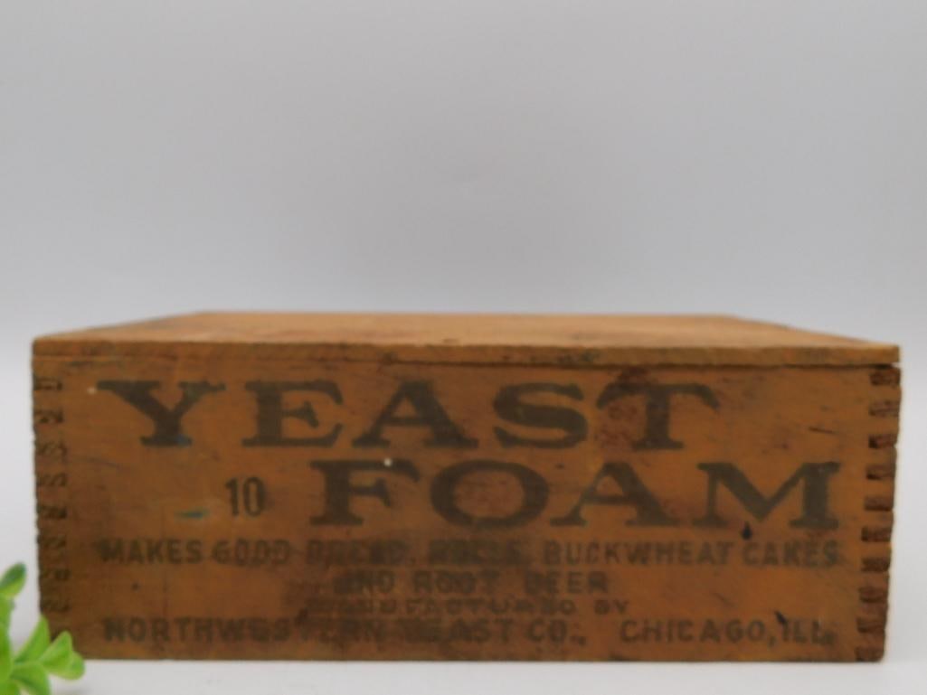 WOODEN YEAST FOAM ADVERTISING CRATE BOX VINTAGE ANTIQUE: This wooden Yeast Foam crate box features dovetail joints and advertising text on all sides. It showcases the branding of the Northwestern Yeast Company, Chicago, IL, and recommendations for its use i